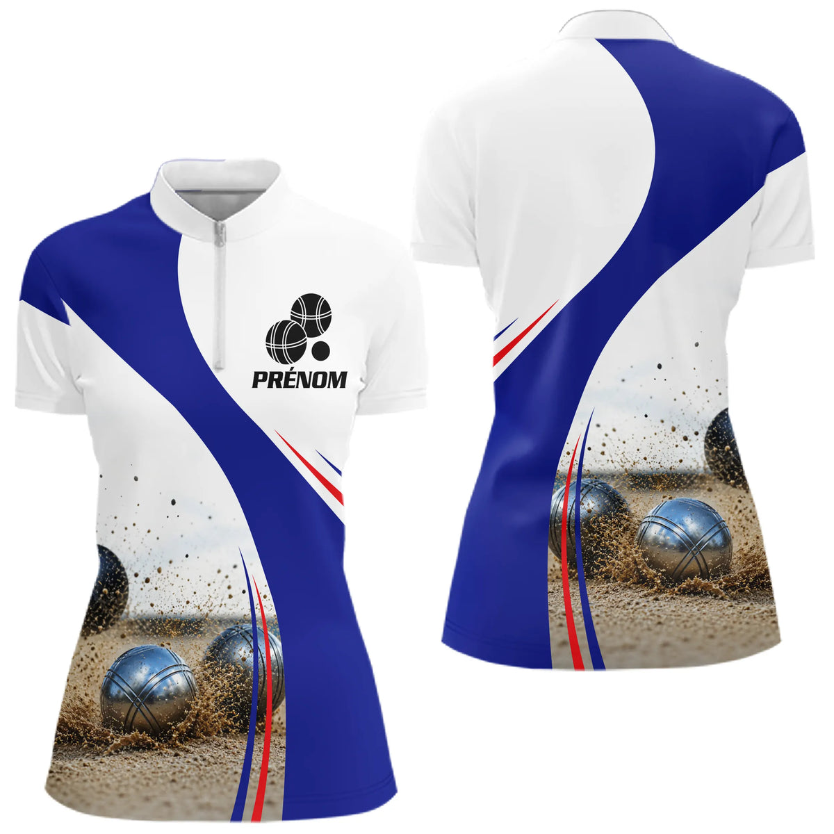 Maillot Pétanque Club & Prénom - Personnalisé Drapeau Français - Polo Zippé Femme
