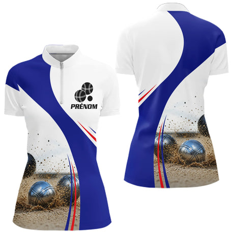 Maillot Pétanque Club & Prénom - Personnalisé Drapeau Français - Polo Zippé Femme