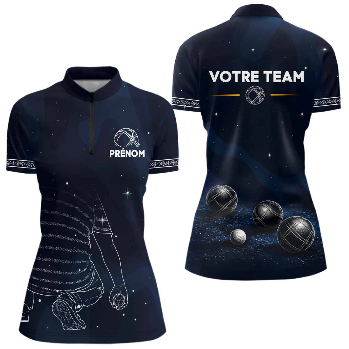 Maillot Pétanque Galaxie - Personnalisé Équipe Bleu - Polo Zippé Femme