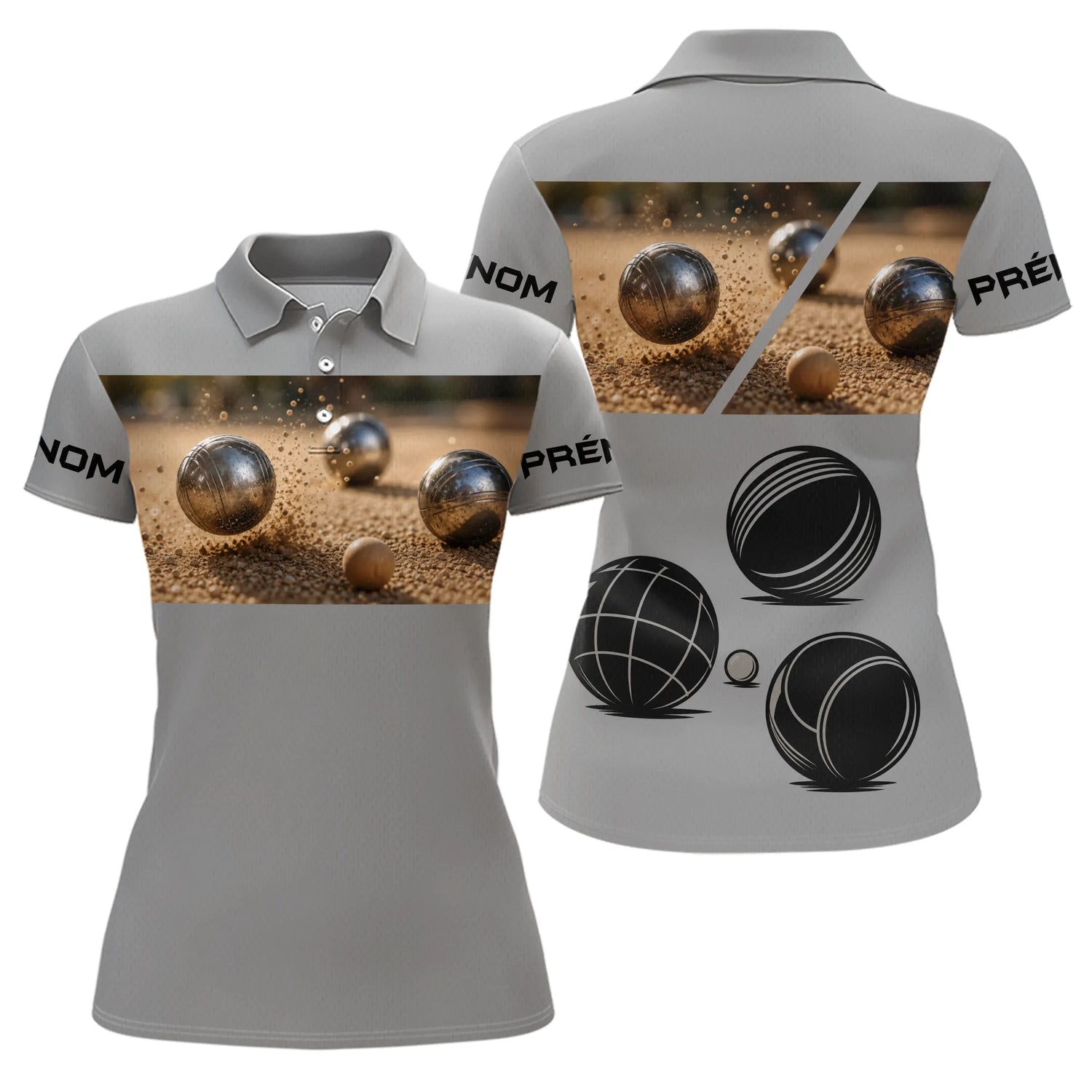 Maillot Pétanque Personnalisé - Bouliste Gris Imprimé - Polo Femme