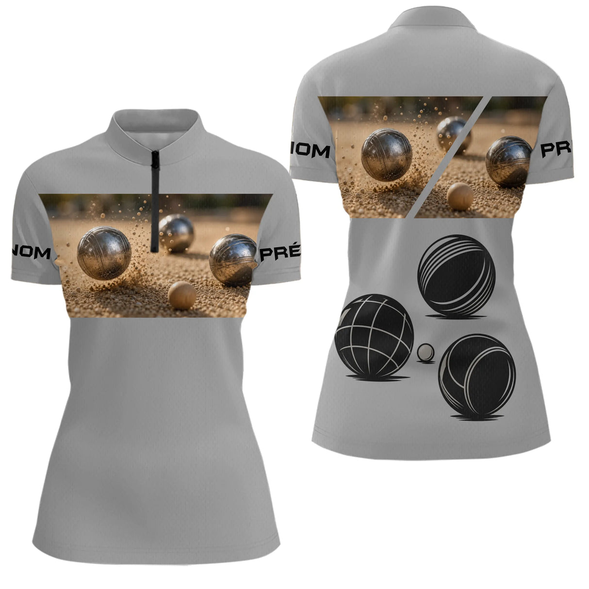 Maillot Pétanque Personnalisé - Bouliste Gris Imprimé - Polo Zippé Femme