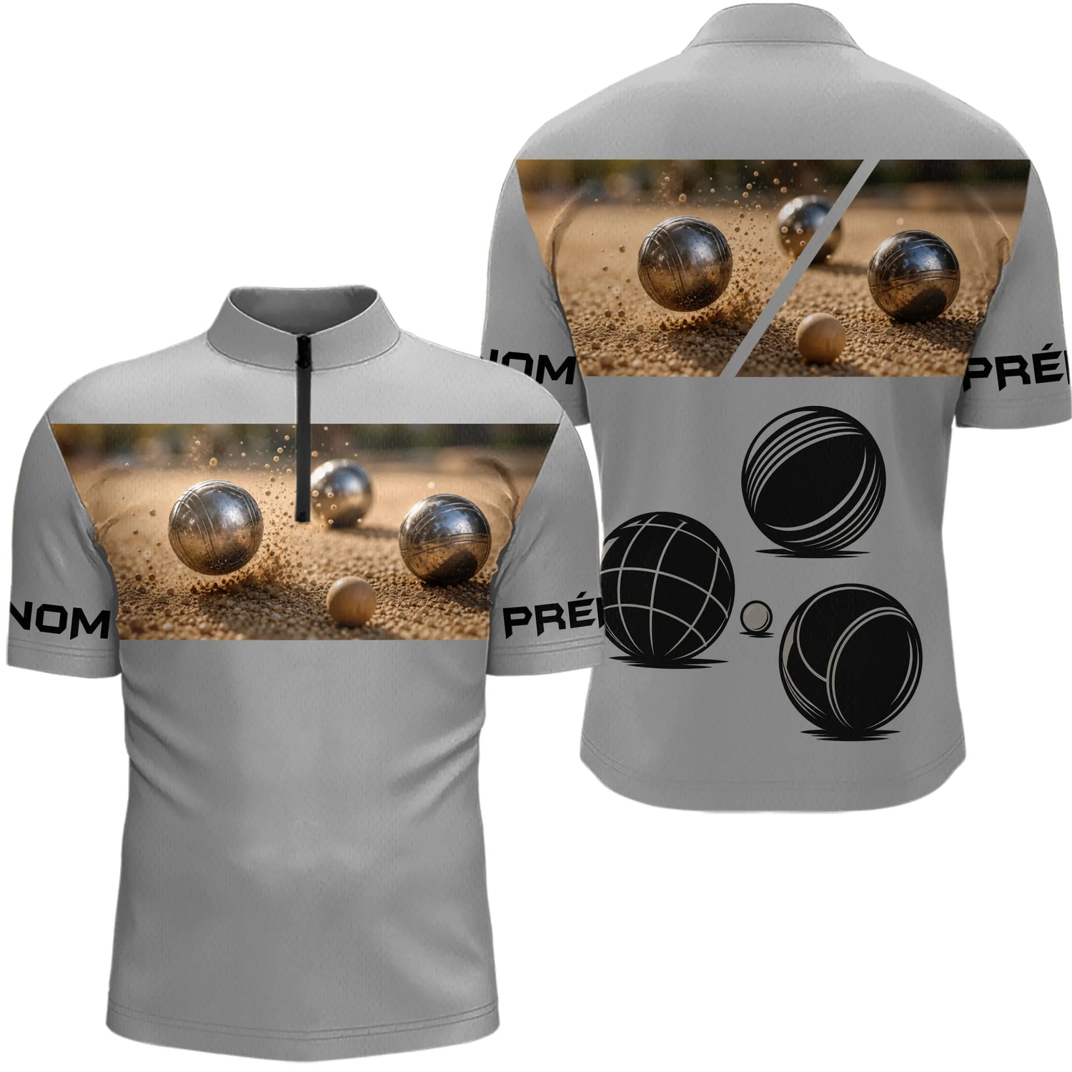Maillot Pétanque Personnalisé - Bouliste Gris Imprimé - Polo Zippé Homme