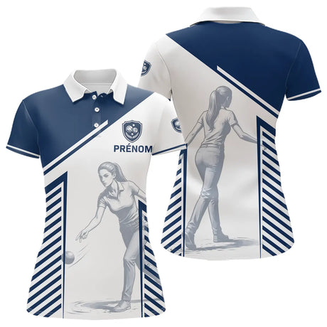 Maillot Pétanque Personnalisé - Bouliste Rayé Bleu & Blanc - Polo Femme