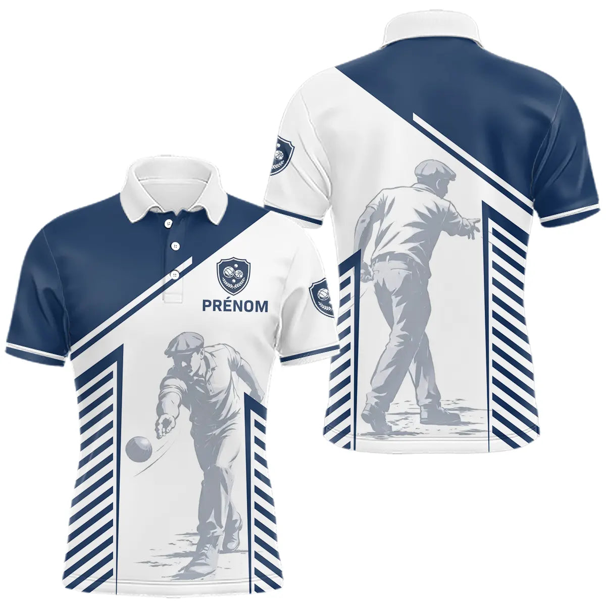 Maillot Pétanque Personnalisé - Bouliste Rayé Bleu & Blanc - Polo Homme