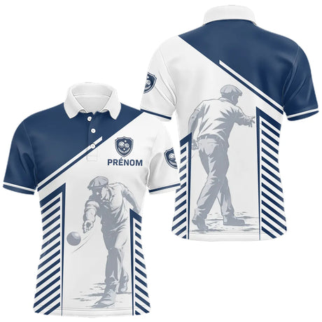 Maillot Pétanque Personnalisé - Bouliste Rayé Bleu & Blanc - Polo Homme