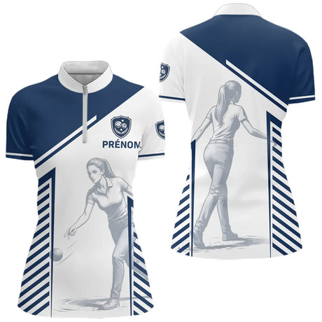 Maillot Pétanque Personnalisé - Bouliste Rayé Bleu & Blanc - Polo Zippé Homme