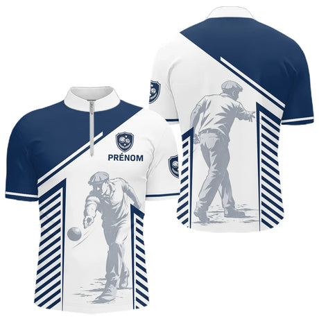 Maillot Pétanque Personnalisé - Bouliste Rayé Bleu & Blanc - Polo Zippé Homme