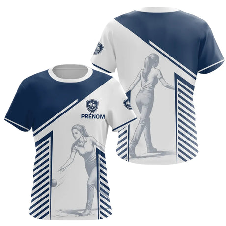 Maillot Pétanque Personnalisé - Bouliste Rayé Bleu & Blanc - T-Shirt Femme