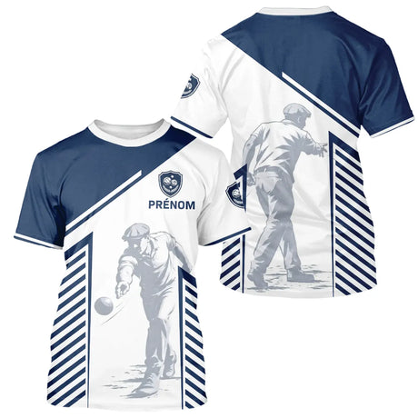 Maillot Pétanque Personnalisé - Bouliste Rayé Bleu & Blanc - T-Shirt Homme