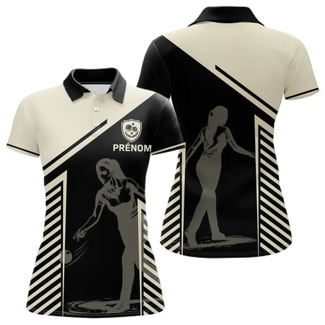 Maillot Pétanque Personnalisé - Bouliste Rayé Noir & Beige - Polo Femme