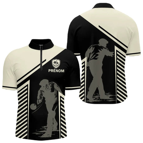 Maillot Pétanque Personnalisé - Bouliste Rayé Noir & Beige - Polo Zippé Homme