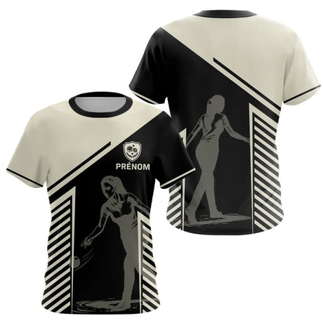 Maillot Pétanque Personnalisé - Bouliste Rayé Noir & Beige - T-Shirt Femme