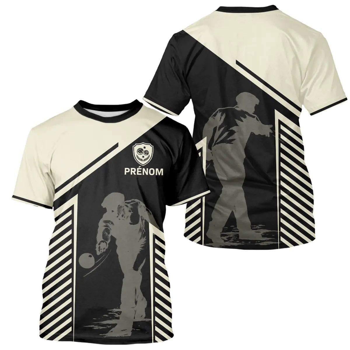 Maillot Pétanque Personnalisé - Bouliste Rayé Noir & Beige - T-Shirt Homme