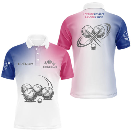 Maillot Pétanque Personnalisé Boule Club - Bleu Blanc Rose - Polo Homme