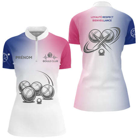 Maillot Pétanque Personnalisé Boule Club - Bleu Blanc Rose - Polo Zippé Femme