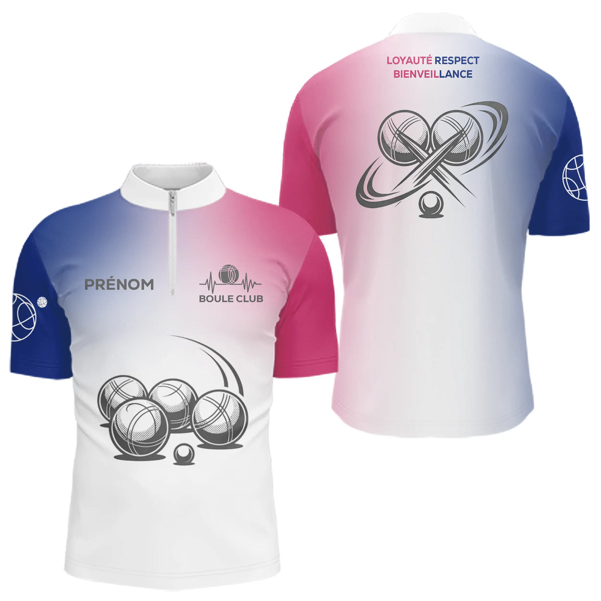 Maillot Pétanque Personnalisé Boule Club - Bleu Blanc Rose - Polo Zippé Homme