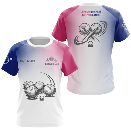 Maillot Pétanque Personnalisé Boule Club - Bleu Blanc Rose - T-Shirt Femme