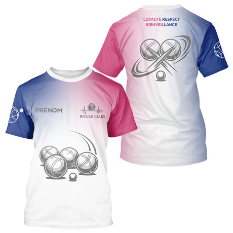 Maillot Pétanque Personnalisé Boule Club - Bleu Blanc Rose - T-Shirt Homme
