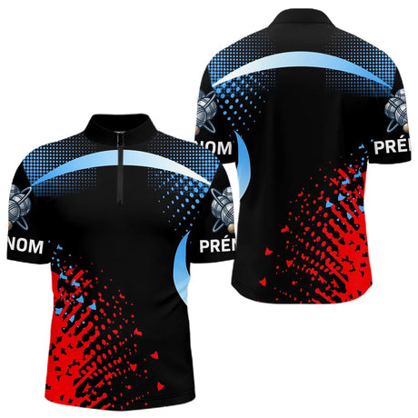 Maillot Pétanque Personnalisé Prénom - Style Noir Bleu Rouge - Polo Zippé Homme