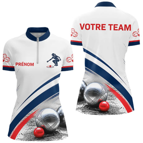 Maillot Pétanque Personnalisé – Style Bleu Élégance Boulodrome - Polo Zippé Femme