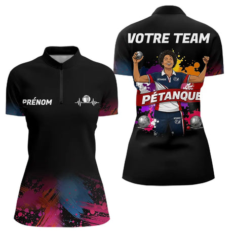 Maillot Pétanque Personnalisé Équipe - Style Noir & Couleur - Polo Zippé Femme