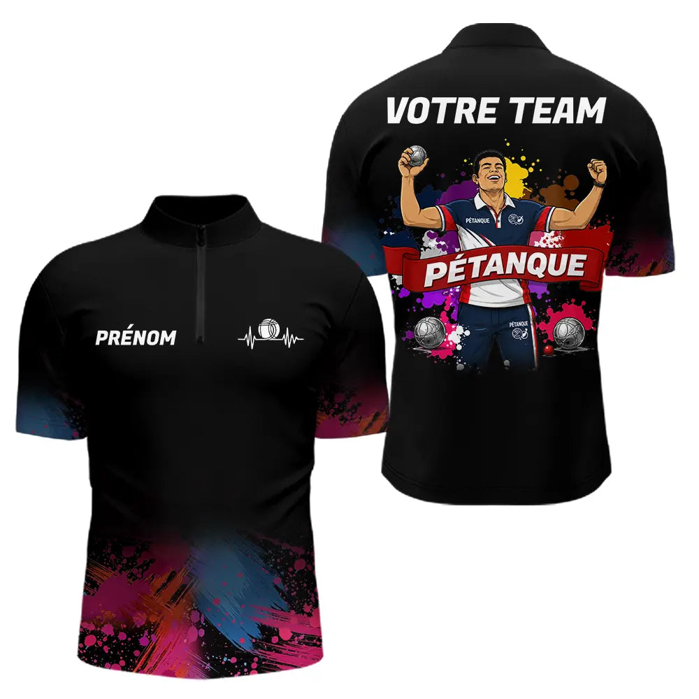 Maillot Pétanque Personnalisé Équipe - Style Noir & Couleur - Polo Zippé Homme