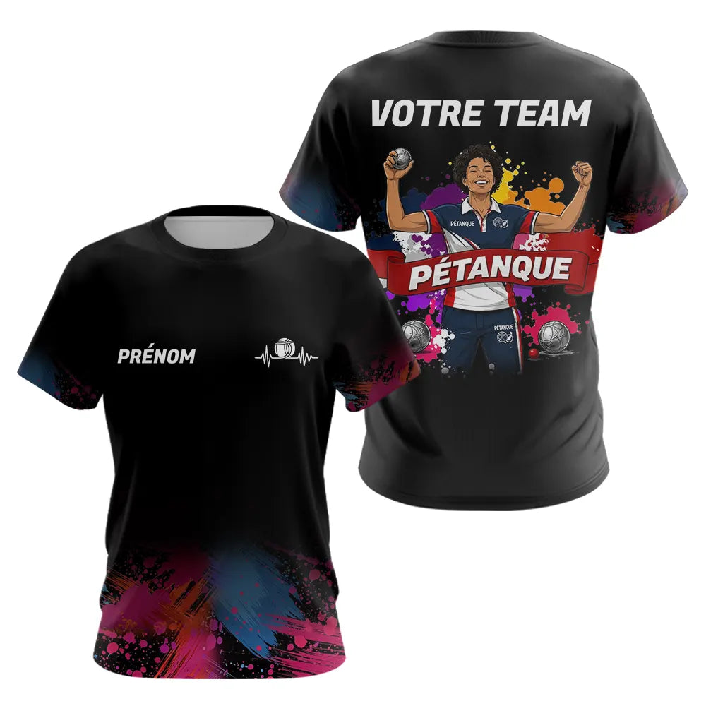 Maillot Pétanque Personnalisé Équipe - Style Noir & Couleur - T-Shirt Femme