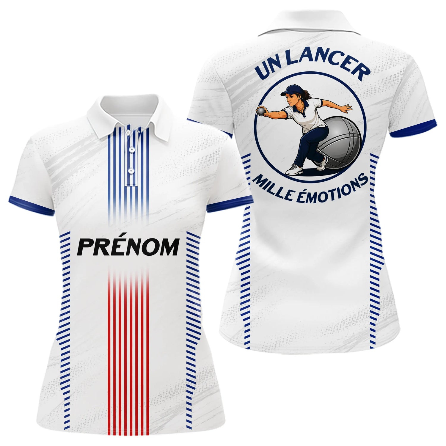 Maillot Pétanque Prénom Blanc - Joueur Club Tricolore - Polo Femme