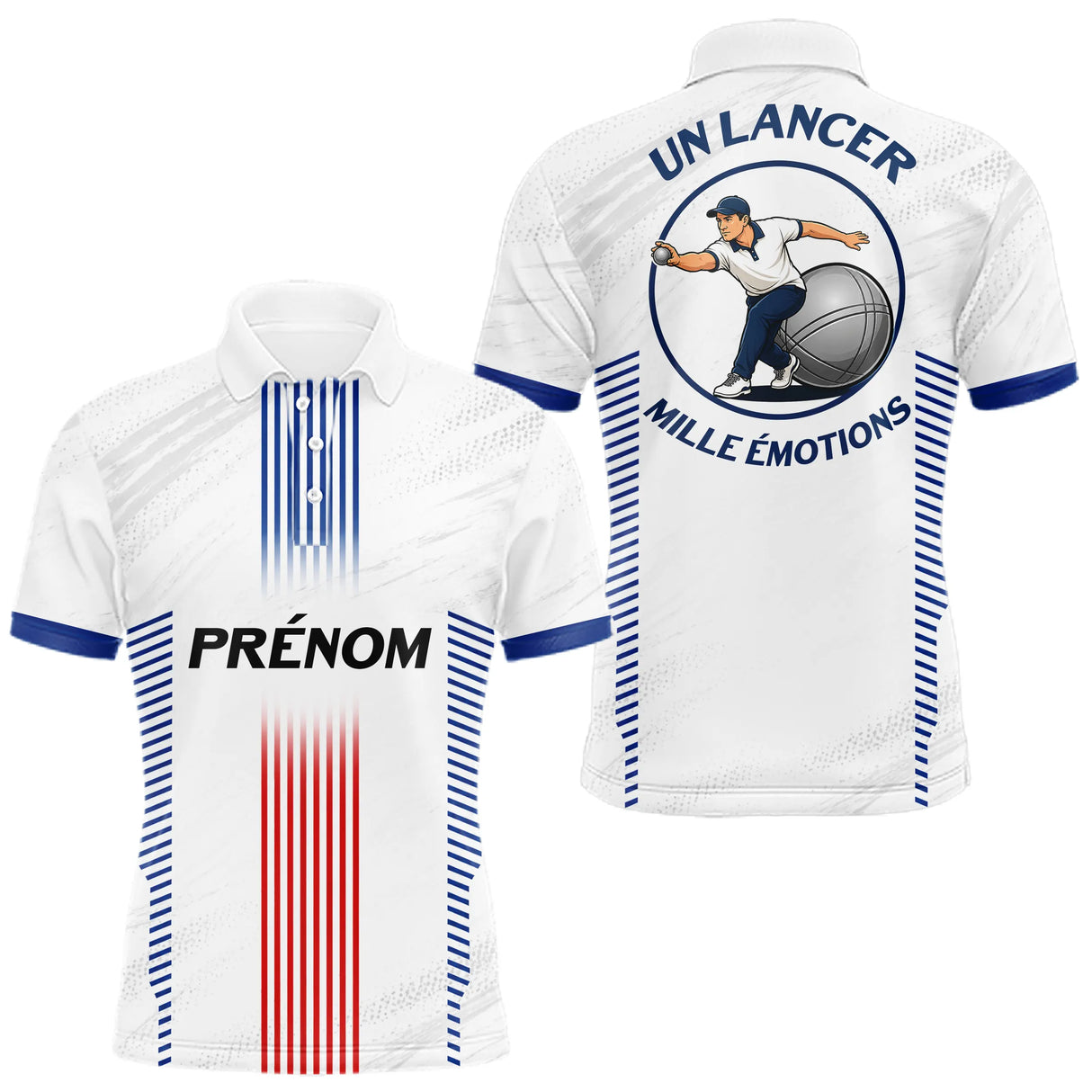 Maillot Pétanque Prénom Blanc - Joueur Club Tricolore - Polo Homme
