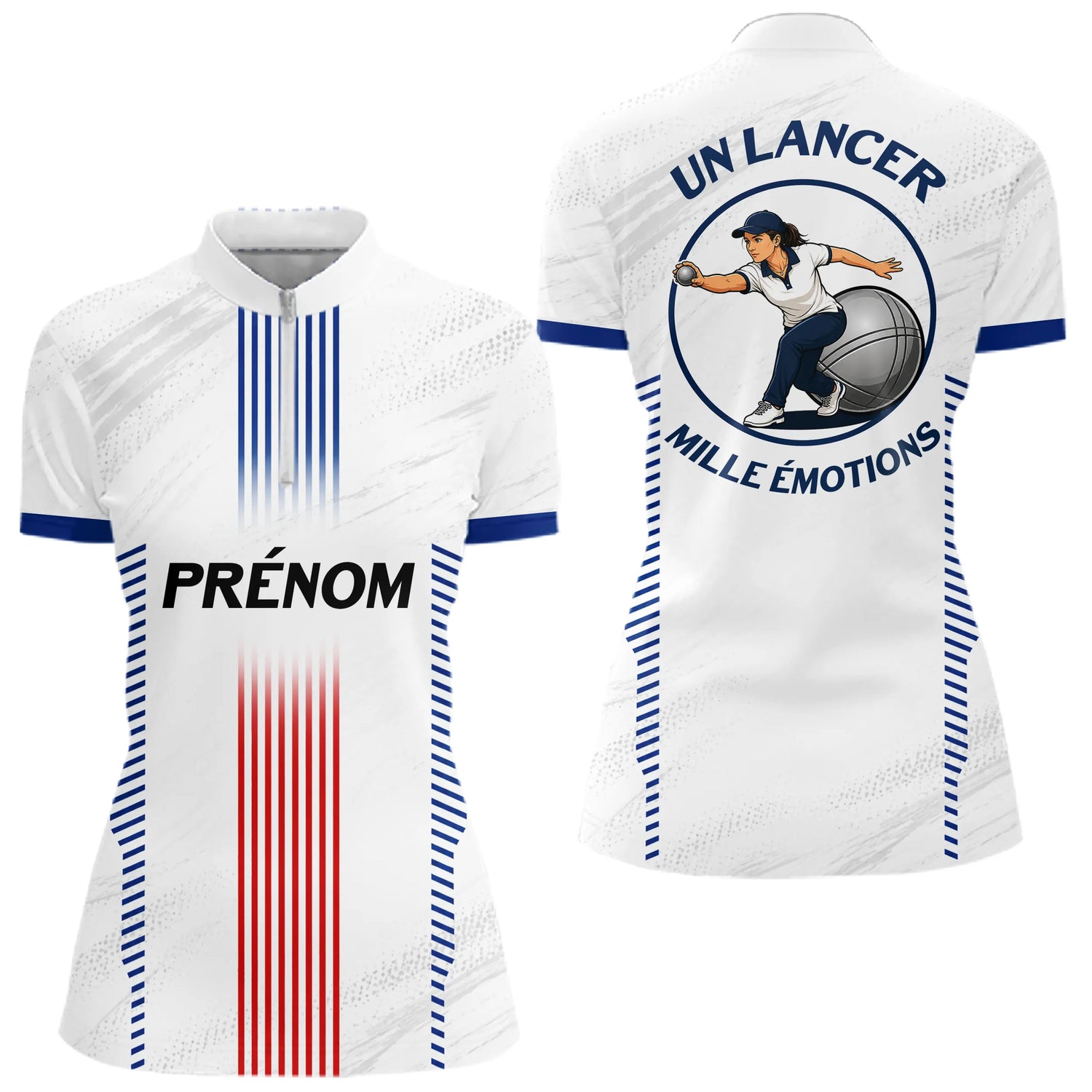 Maillot Pétanque Prénom Blanc - Joueur Club Tricolore - Polo Zippé Femme