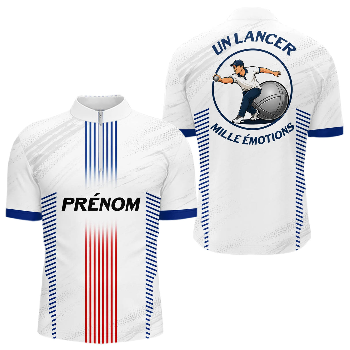 Maillot Pétanque Prénom Blanc - Joueur Club Tricolore - Polo Zippé Homme