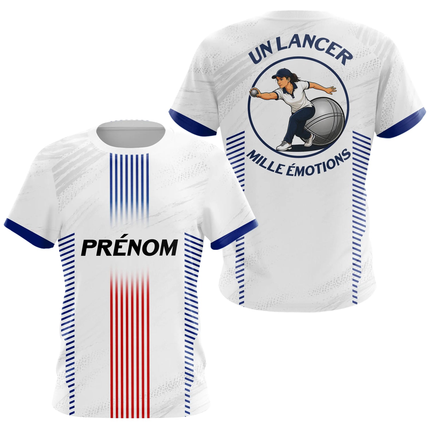 Maillot Pétanque Prénom Blanc - Joueur Club Tricolore - T-Shirt Femme
