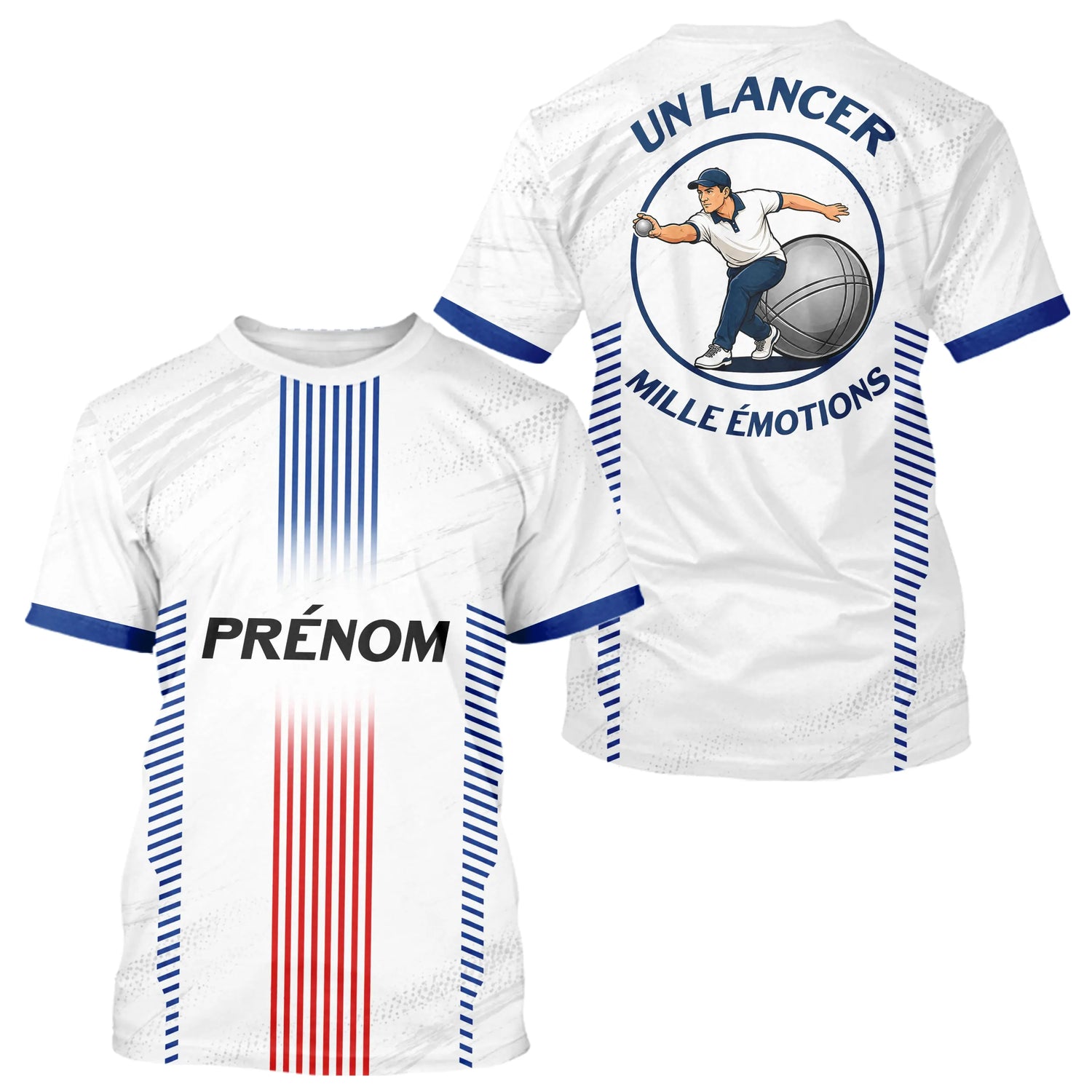 Maillot Pétanque Prénom Blanc - Joueur Club Tricolore - T-Shirt Homme