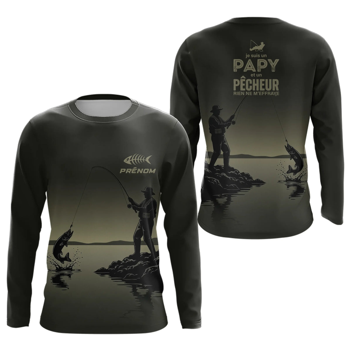 Maillot Papy Pêcheur Personnalisé - Gris Kaki - Long Sleeves Homme