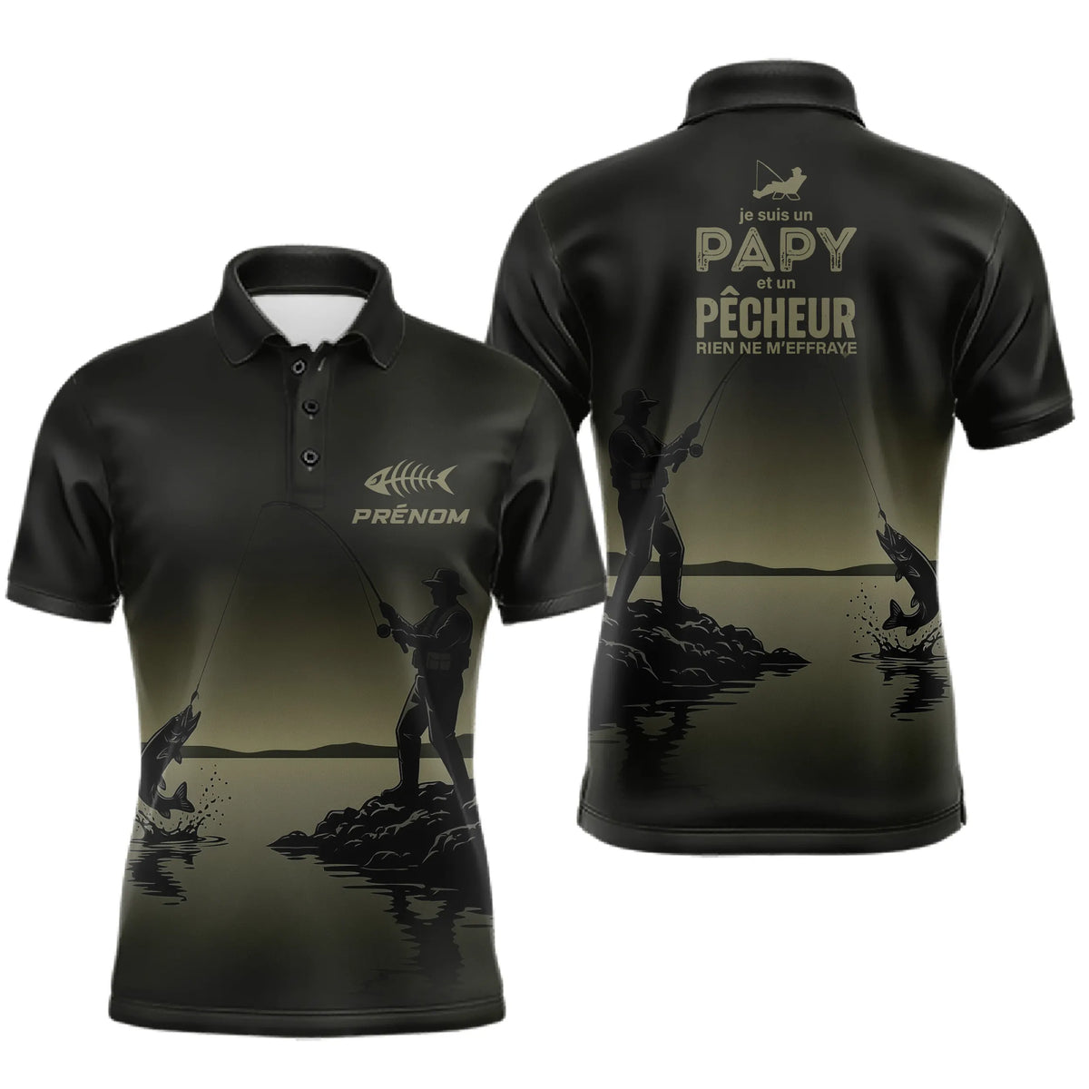 Maillot Papy Pêcheur Personnalisé - Gris Kaki - Polo Homme