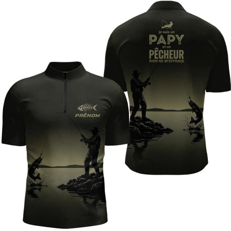 Maillot Papy Pêcheur Personnalisé - Gris Kaki - Polo Zippé Homme