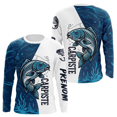 Maillot Passion Pêcheur Carpiste - Blanc & Bleu - Long Sleeves Homme