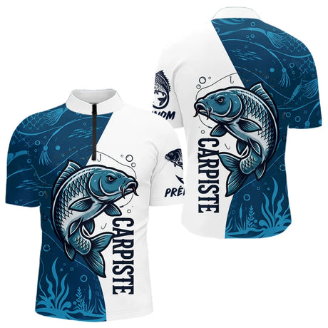 Maillot Passion Pêcheur Carpiste - Blanc & Bleu - Polo Zippé Homme