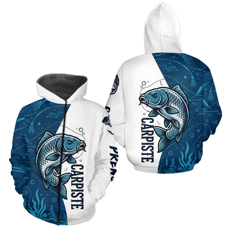 Maillot Passion Pêcheur Carpiste - Blanc & Bleu - Zippé Hoodie Homme