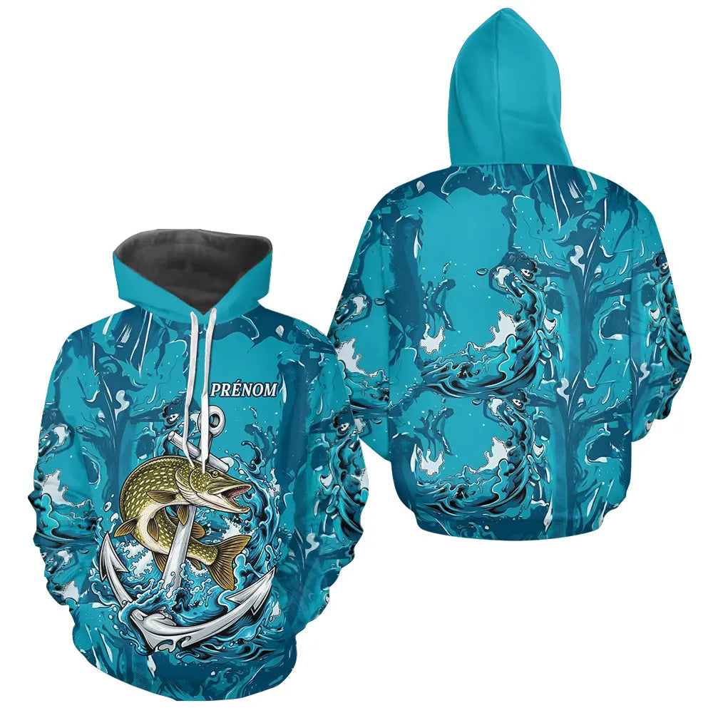 Maillot Respirant Manche Longue Pêche - Brochet Bleu Personnalisé - Hoodie Homme