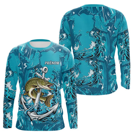 Maillot Respirant Manche Longue Pêche - Brochet Bleu Personnalisé - Long Sleeves Homme