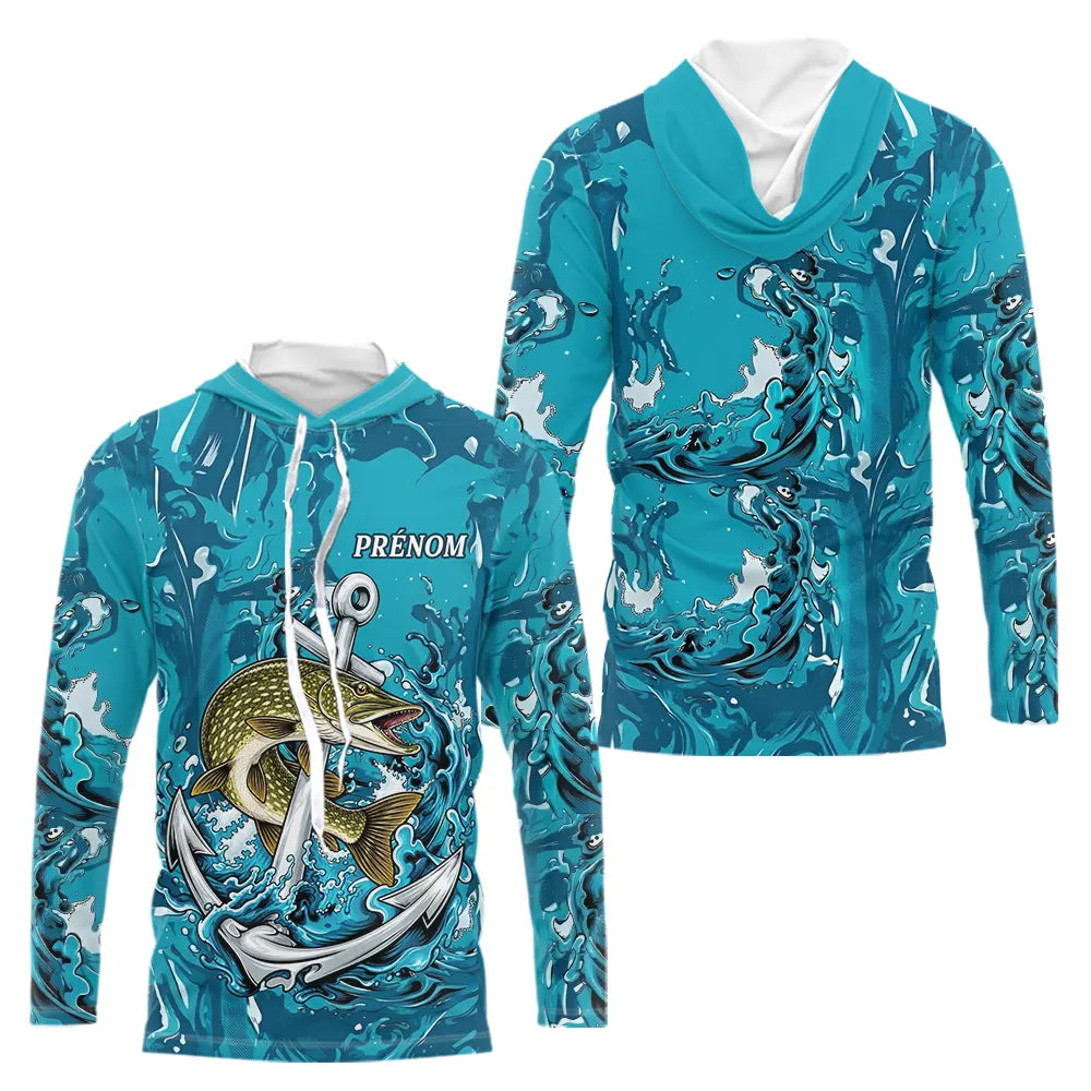Maillot Respirant Manche Longue Pêche - Brochet Bleu Personnalisé - Long Sleeves Hoodie Homme