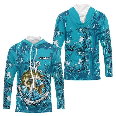 Maillot Respirant Manche Longue Pêche - Brochet Bleu Personnalisé - Long Sleeves Hoodie Homme
