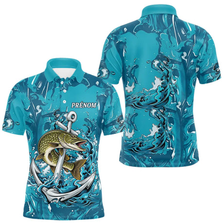 Maillot Respirant Manche Longue Pêche - Brochet Bleu Personnalisé - Polo Homme