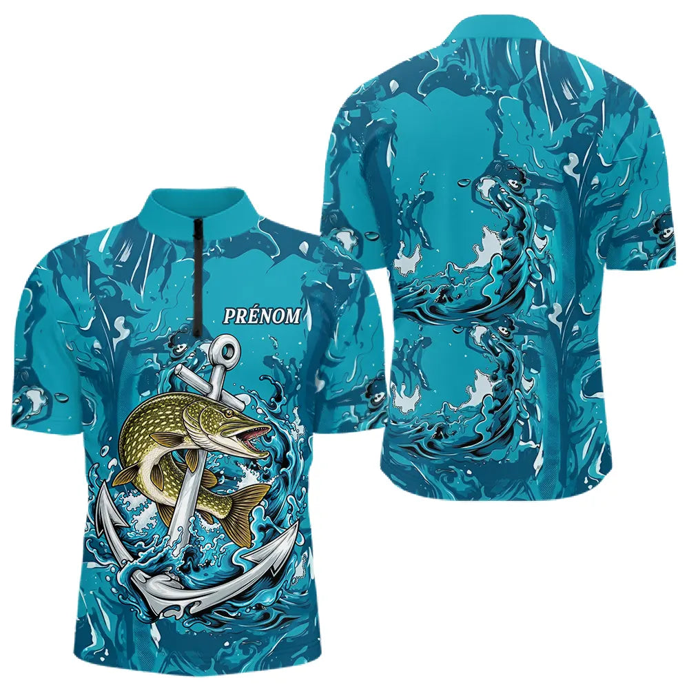 Maillot Respirant Manche Longue Pêche - Brochet Bleu Personnalisé - Polo Zippé Homme