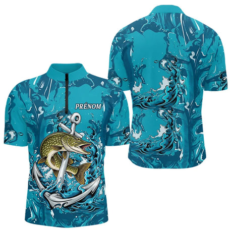 Maillot Respirant Manche Longue Pêche - Brochet Bleu Personnalisé - Polo Zippé Homme