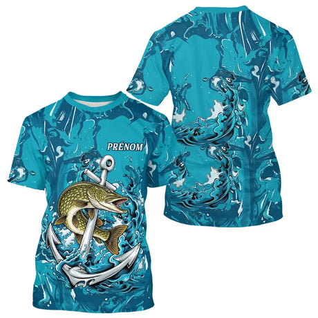 Maillot Respirant Manche Longue Pêche - Brochet Bleu Personnalisé - T-Shirt Homme