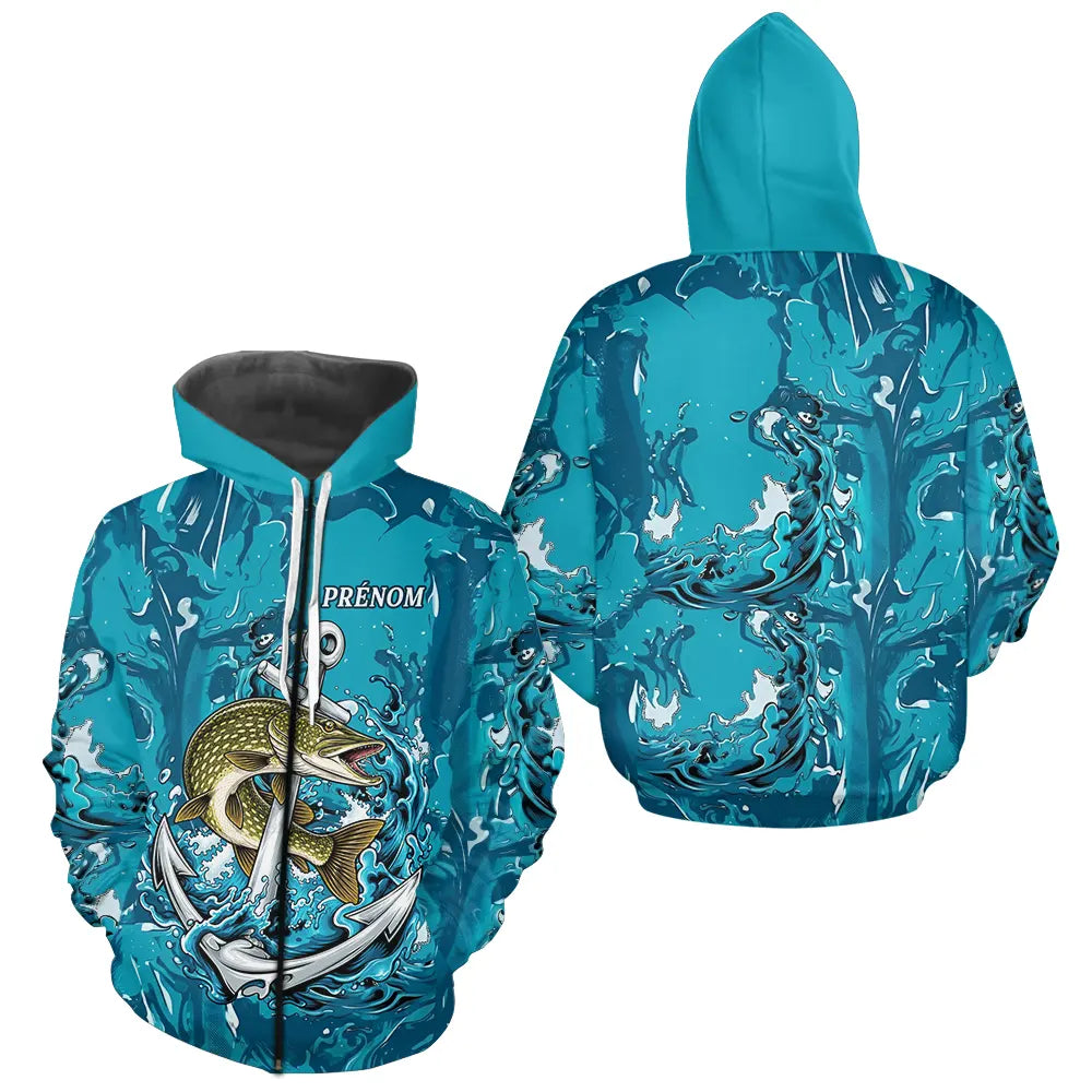 Maillot Respirant Manche Longue Pêche - Brochet Bleu Personnalisé - Zippé Hoodie Homme