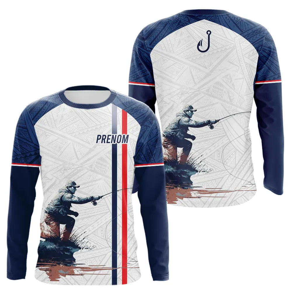 Maillot de Pêche Motif Tribal Bleu - Personnalisé Tricolore - Long Sleeves Homme