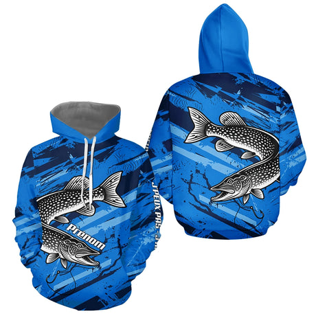 Maillot de Pêcheur Sportif Anti UV - Brochet Bleu Personnalisé - Hoodie Homme